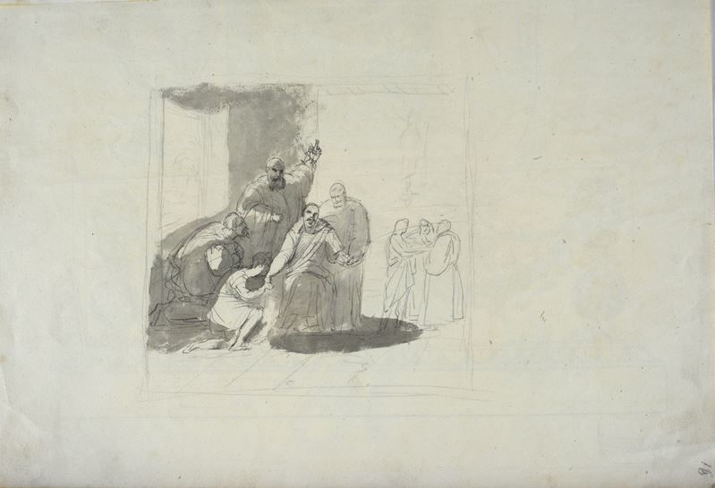 Studio per orologio da tavola (fronte) - Due scene con soggetto storico (sul retro)
