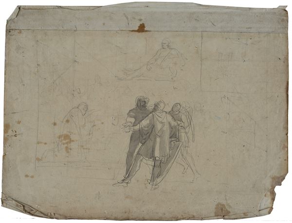Anonimo, XIX sec. - Studio per orologi da tavolo (fronte) -  Scena storica e schizzi geometrici (sul retro)