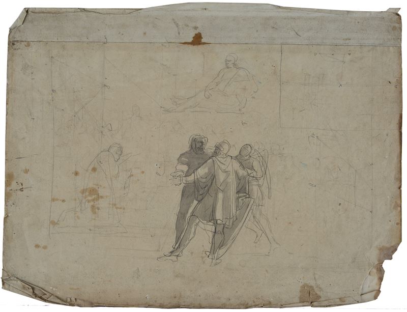 Studio per orologi da tavolo (fronte) - Scena storica e schizzi geometrici (sul retro)
