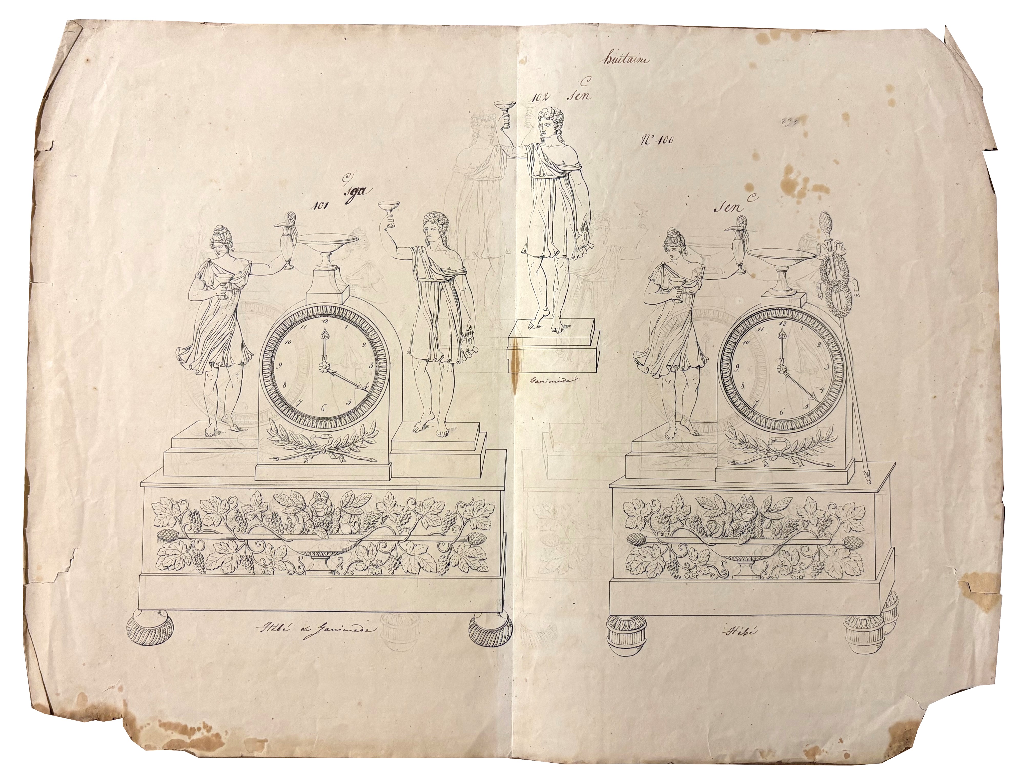 Studio per orologi da tavolo (fronte) - Scena storica e schizzi geometrici (sul retro)