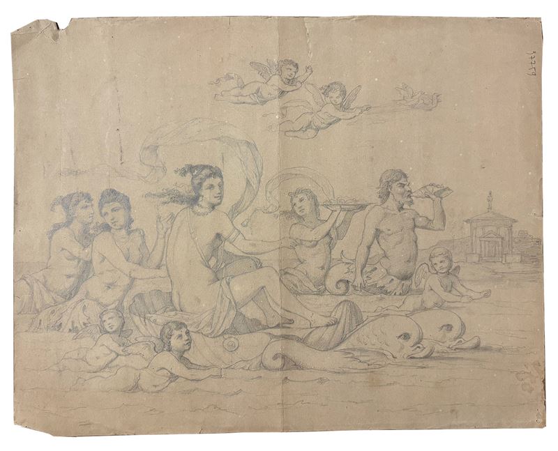 Anonimo, XIX Sec. - Anonimo, Trionfo di Galatea e Diana sul trono, matita su carta