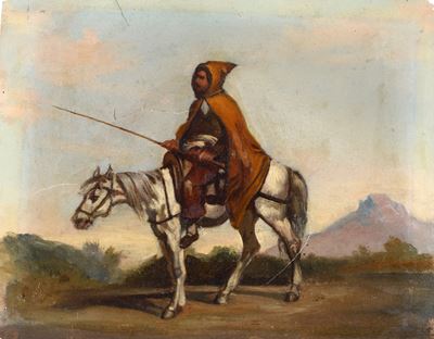 Anonimo, Figure a cavallo, olio su cartone
