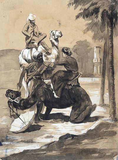 Anonimo, Figure con cammelli - Matita, inchiostro e tempera su carta