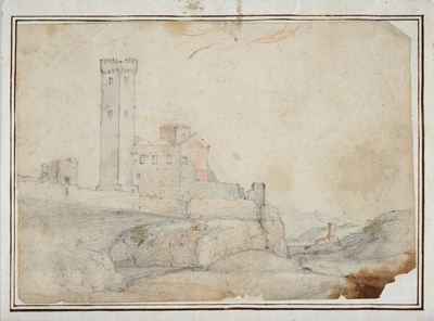 Anonimo, Paesaggio con castello, acquerello e matita su carta