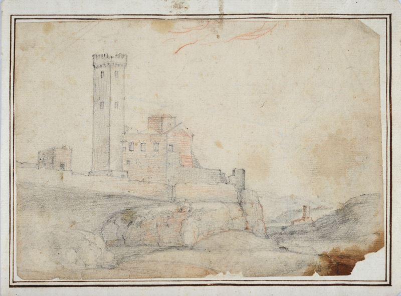 Anonimo, Inizi XIX Sec. - Anonimo, Paesaggio con castello, acquerello e matita su carta