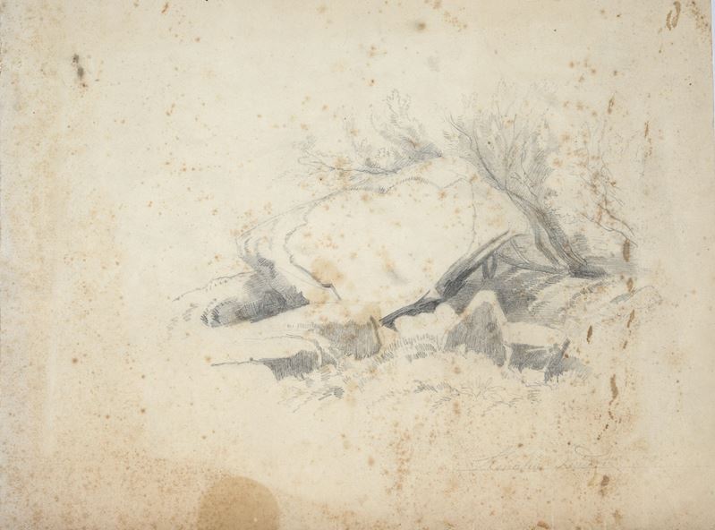 Lotto composto da quattro disegni con paesaggi e studio di albero