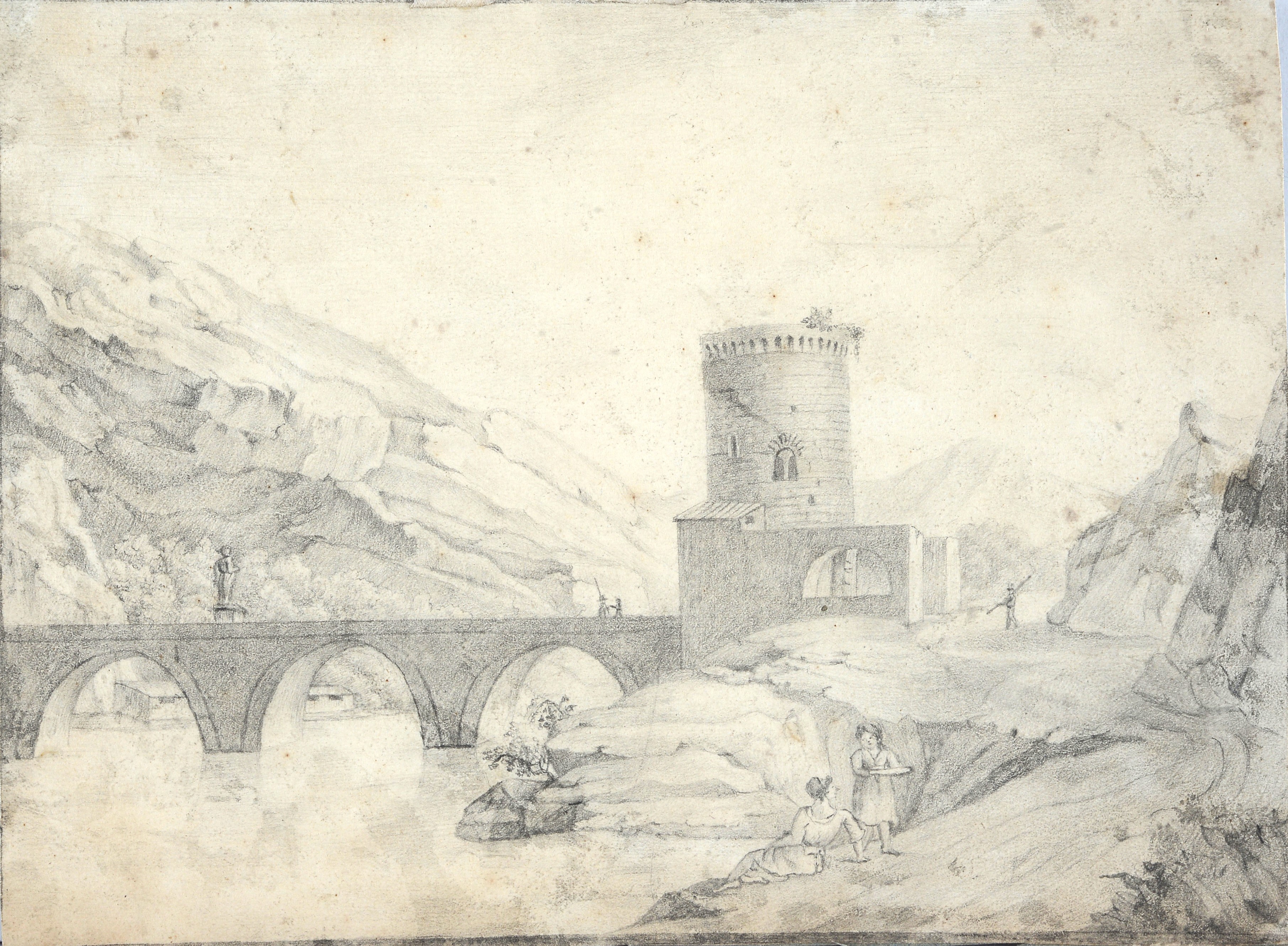 Lotto composto da quattro disegni con paesaggi e studio di albero