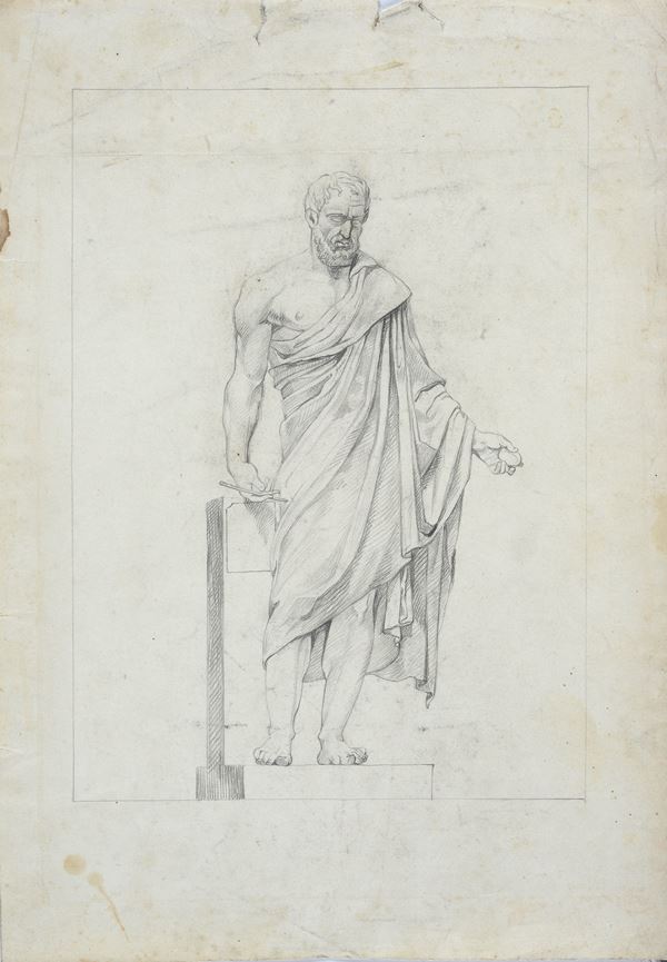 Anonimo, XIX sec. - Lotto composto da tre disegni con due studi di sculture e una figura seduta
