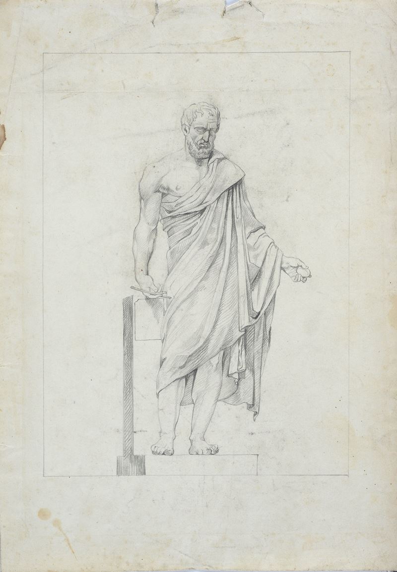 Lotto composto da tre disegni con due studi di sculture e una figura seduta