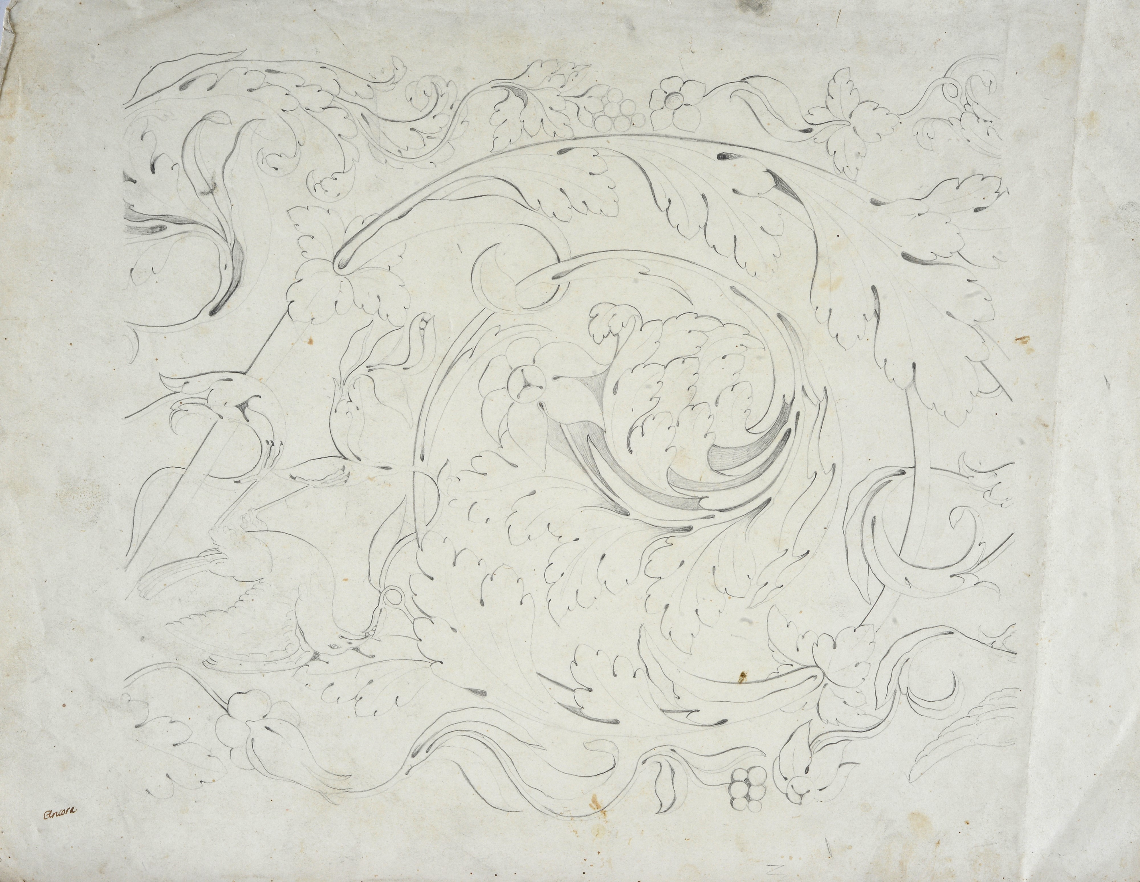 Lotto composto da quattro disegni con studi per elementi architettonici, un fiore, e una cripta