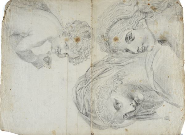 Anonimo, XIX sec. : Studi di teste e di putto  - Matita su carta - Asta DISEGNI DAL XVII AL XX SEC - Pananti Online
