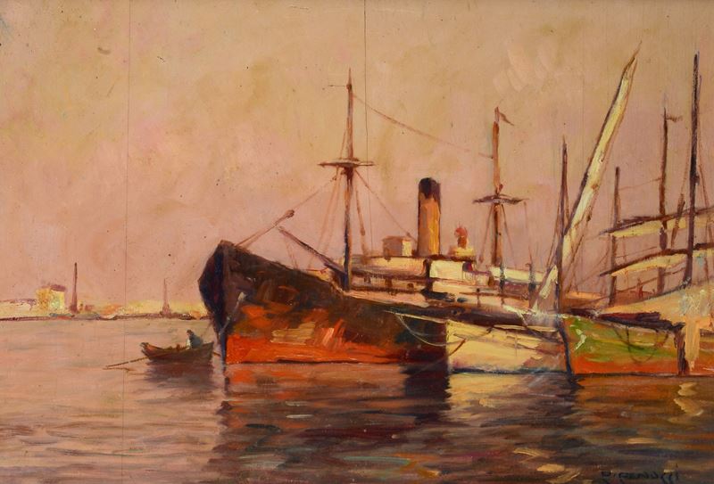 Renuccio Renucci - Piroscafo in porto, olio su legno