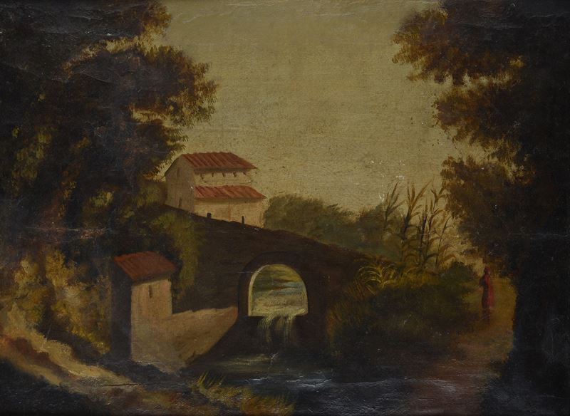 Scuola Italiana, Fine XIX Sec. - Paesaggio con Ponte