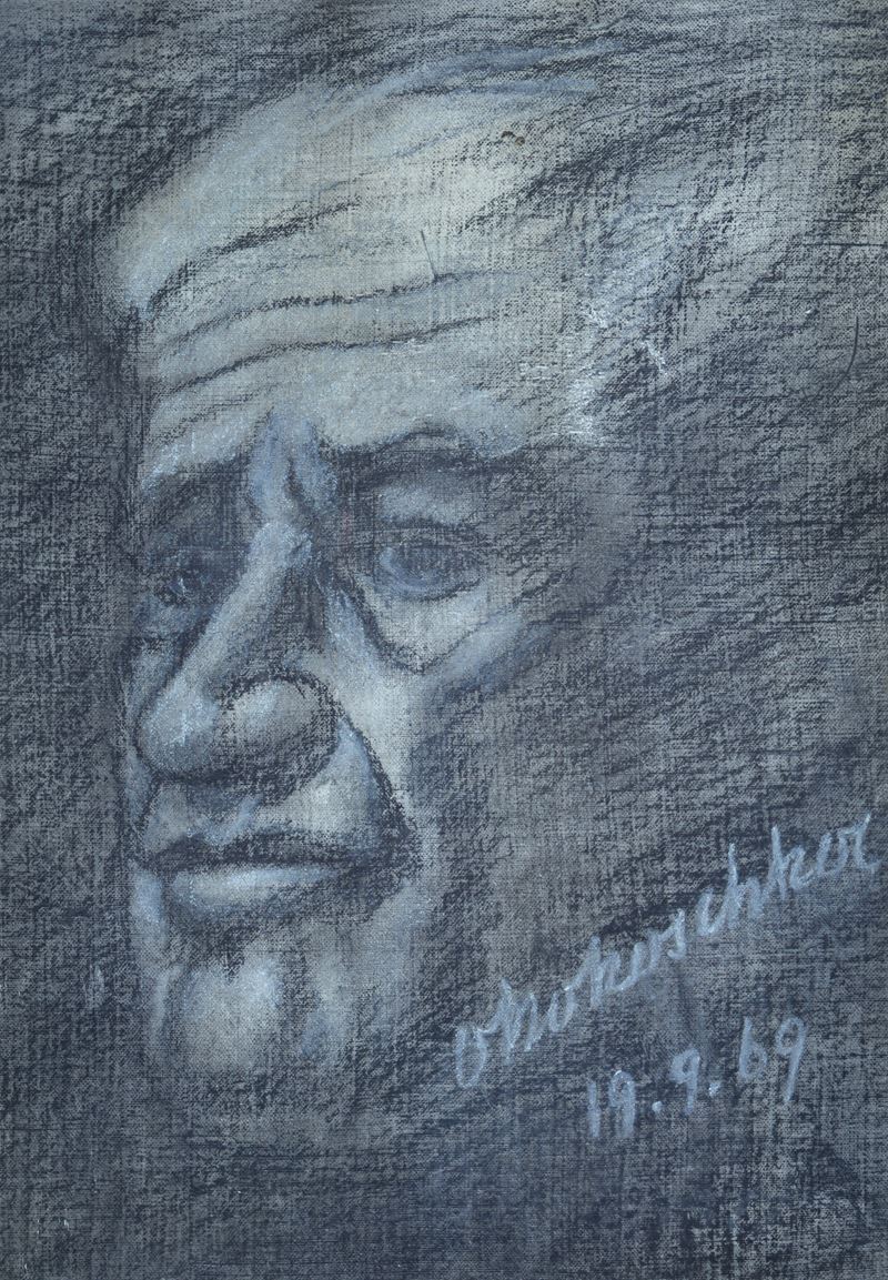 Attr. a Oskar Kokoschka - Oskar Kokoschka, Ritratto, tecnica mista su tela riportata su cartone, ...