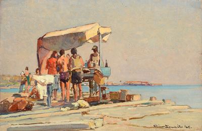 Bagnanti sul lungomare, olio su tavoletta