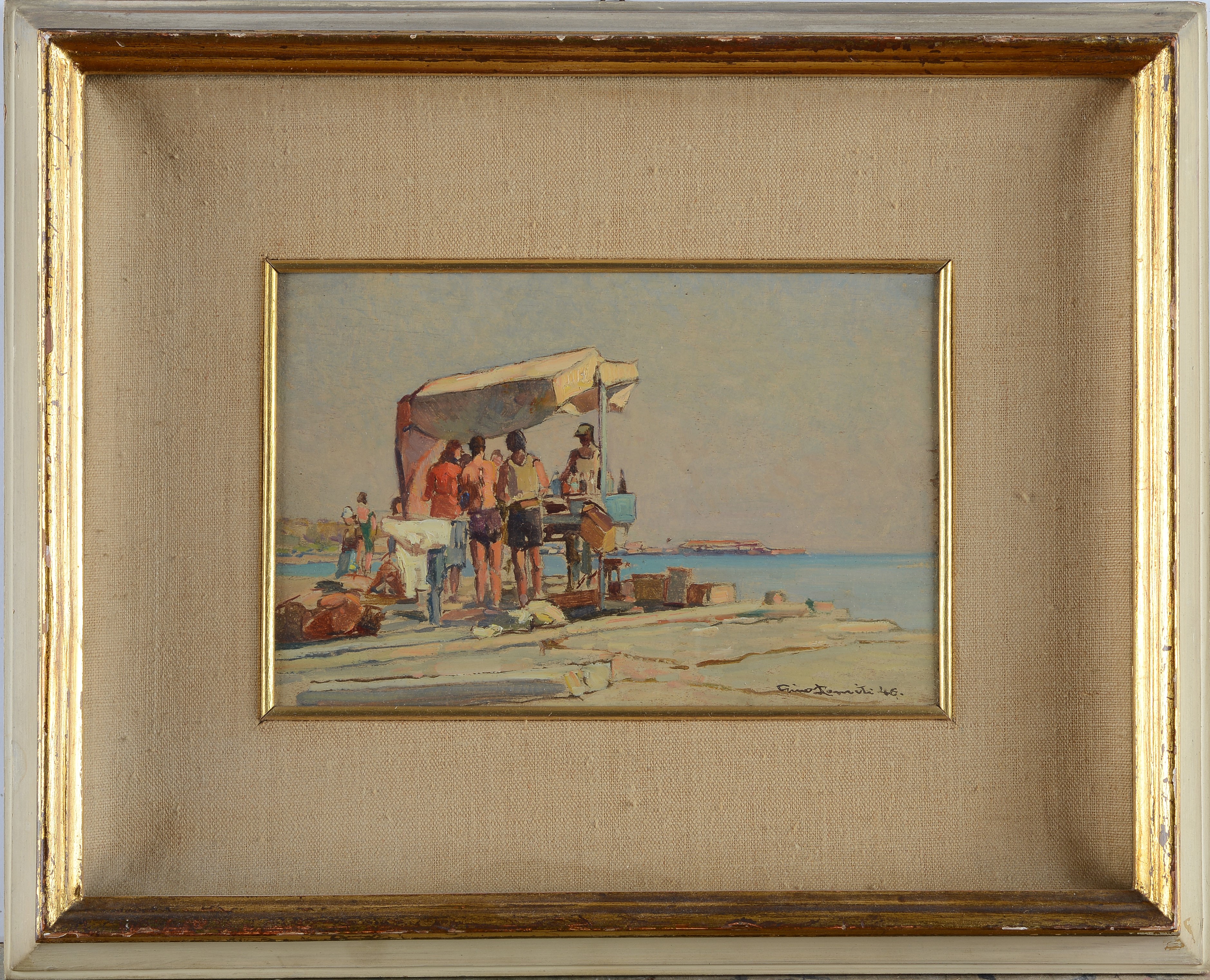 Gino Romiti - Bagnanti sul lungomare, olio su tavoletta
