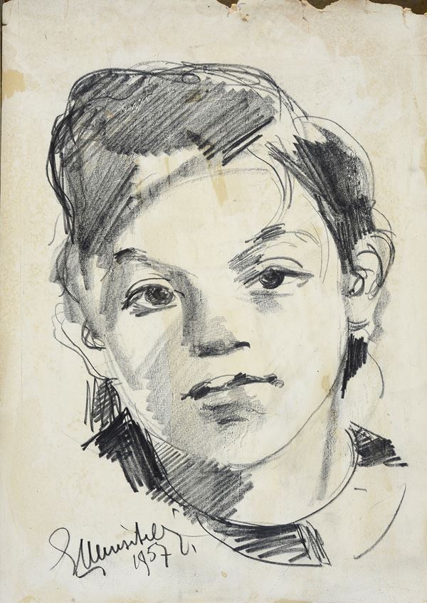 Anonimo, XX sec. : Volto di ragazzo  (1957)  - Matita su carta - Asta DISEGNI DAL XVII AL XX SEC - Pananti Online