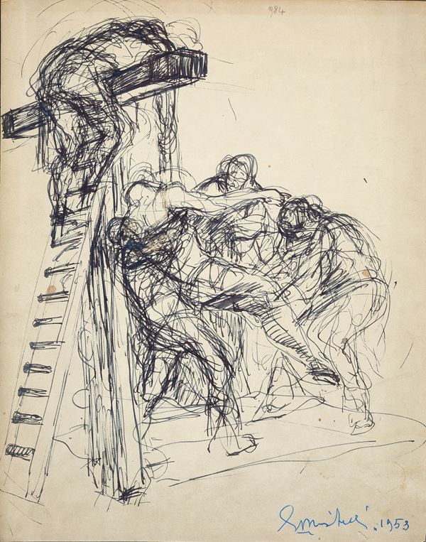 Anonimo, XX sec. : Deposizione  (1953)  - Pennarello su carta - Asta DISEGNI DAL XVII AL XX SEC - Pananti Online