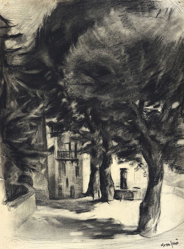 Anonimo, XX sec. : Paesaggio cittadino con alberi  - Carboncino su carta - Asta DISEGNI DAL XVII AL XX SEC - Pananti Online
