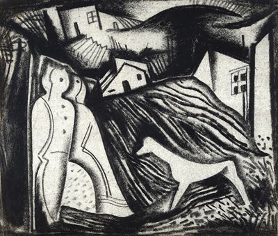 Paesaggio con case e figure, carboncino su carta