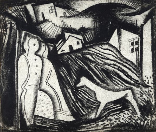 Bèla Kadar - Paesaggio con case e figure