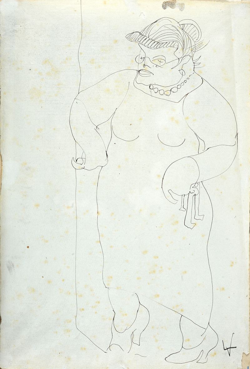 Lorenzo Viani - Signora con occhiali, inchiostro su carta