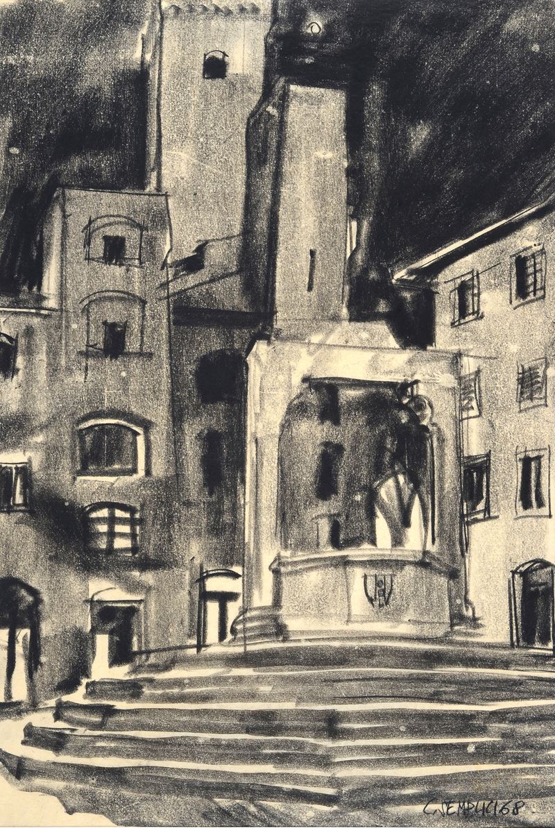 Carlo Semplici - Piazza della Cisterna a San Gimignano, carboncino su carta