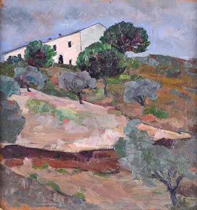 Anonimo, Paesaggio, olio su cartone