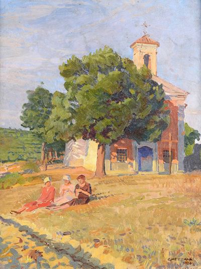Chiesa di campagna con contadine, olio su legno