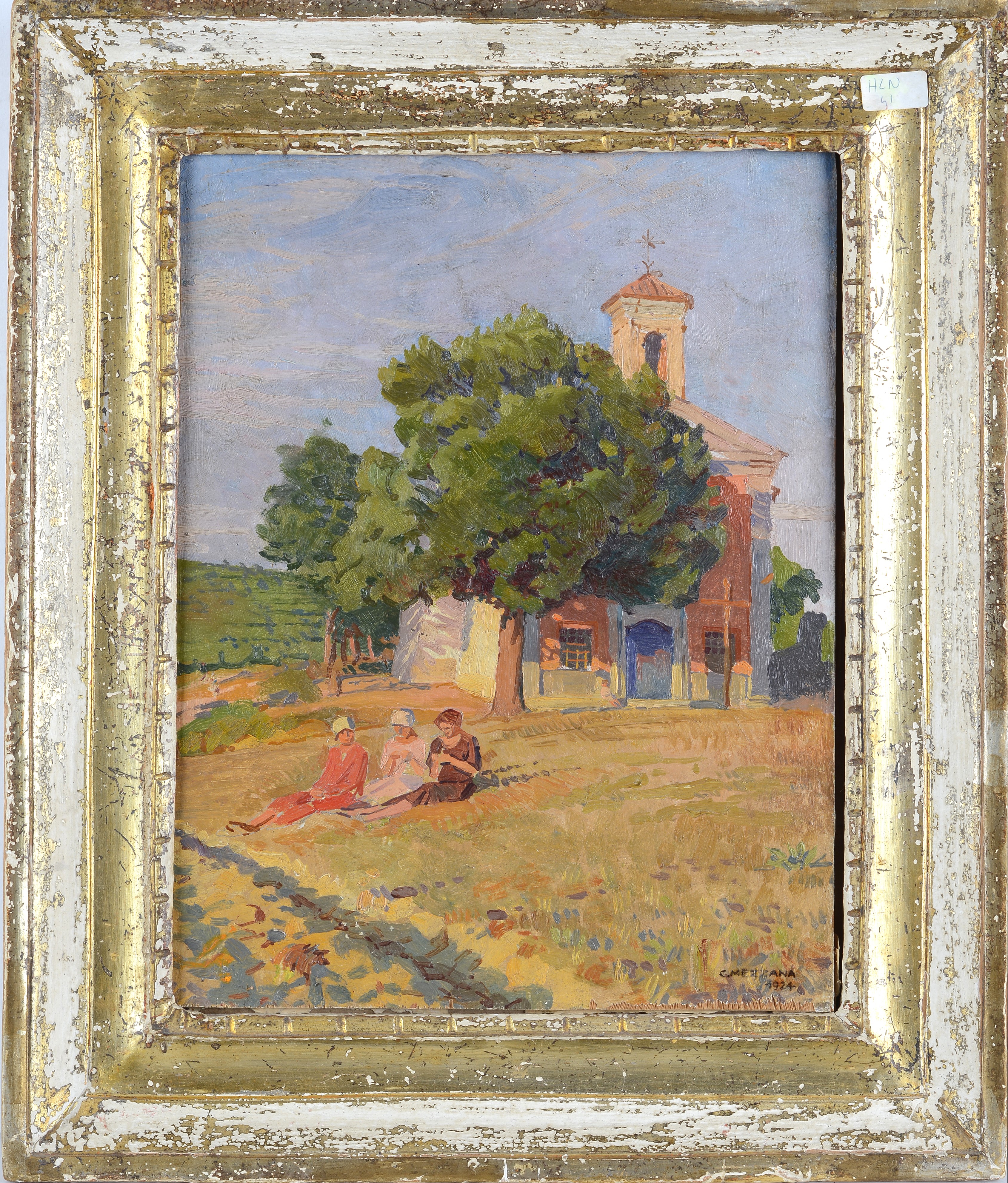Corrado Mezzana - Chiesa di campagna con contadine, olio su legno