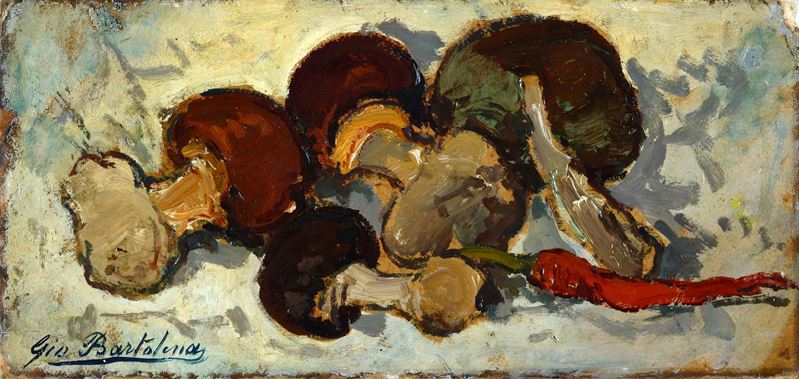 Giovanni Bartolena - Natura morta con funghi, olio su cartone riportato su tela
