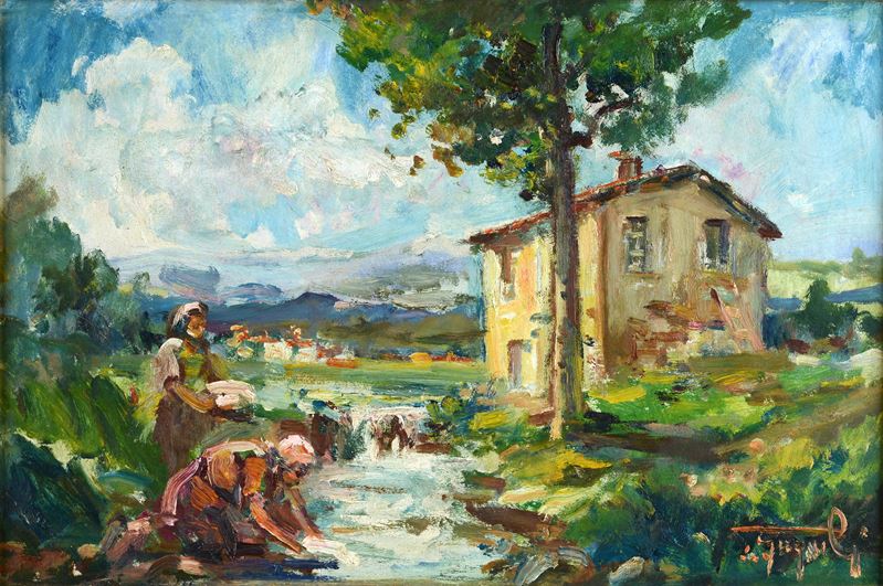 Ledo Gragnoli - Lavanadaie al fiume, olio su faesite