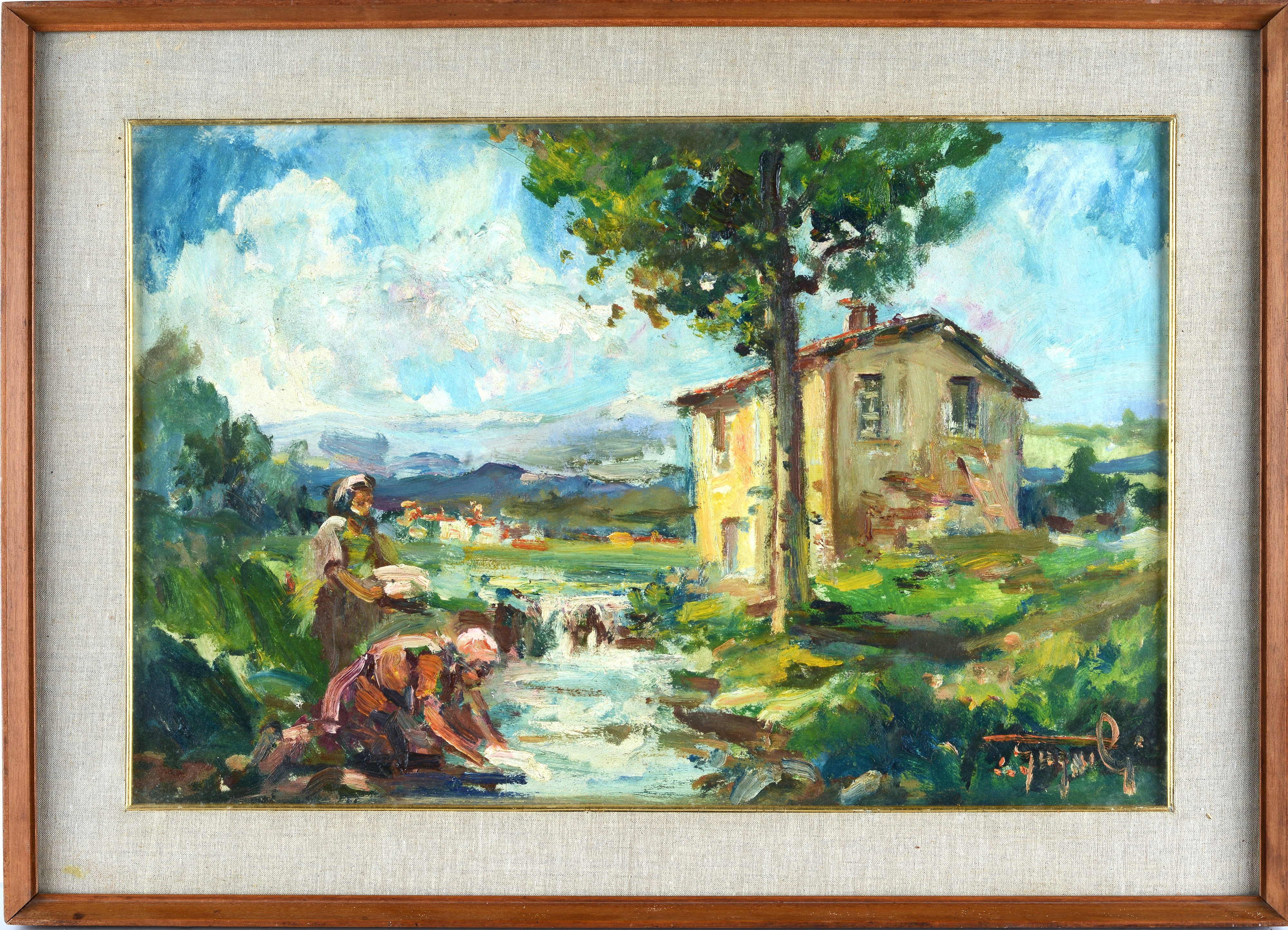 Ledo Gragnoli - Lavanadaie al fiume, olio su faesite