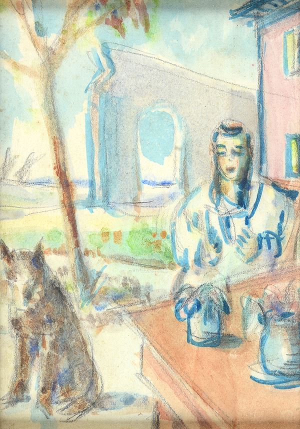 Anonimo, XX sec. - Paesaggio con donna che legge e cane