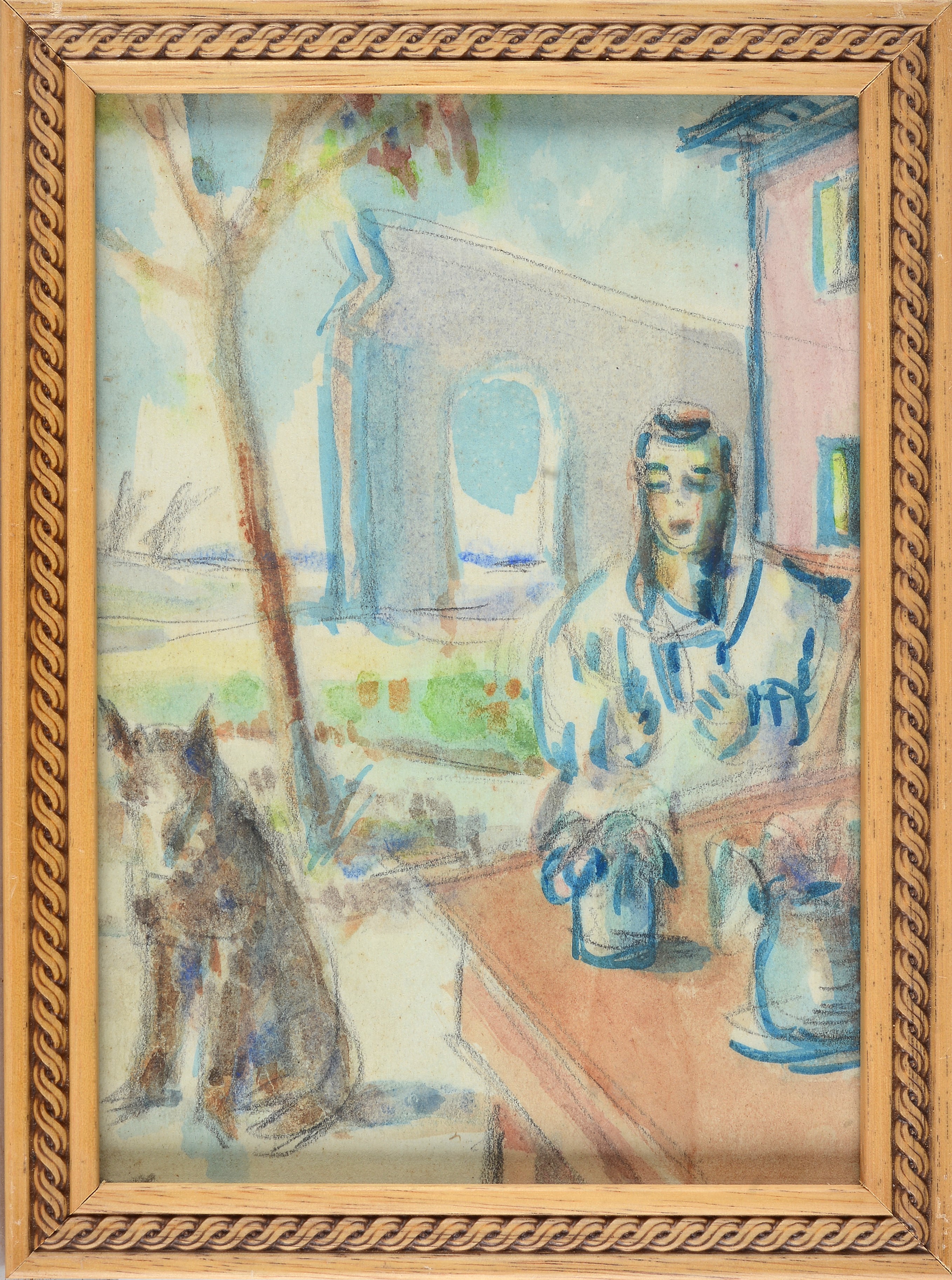 Paesaggio con donna che legge e cane