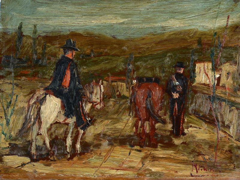 Anonimo, XX Sec. - Anonimo, Carabinieri a cavallo, olio su tavola