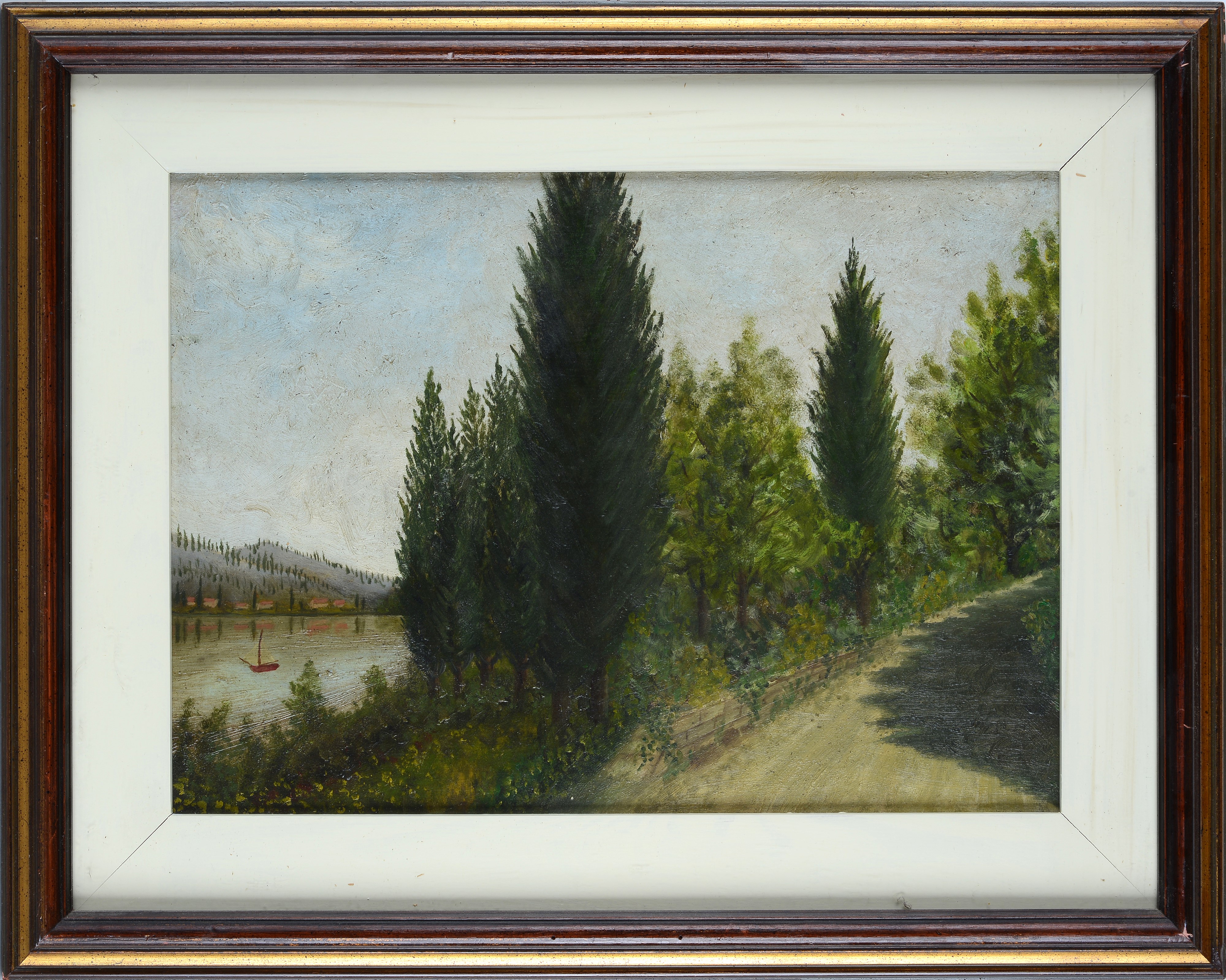 Anonimo, XX Sec. - Anonimo del XX secolo, Strada alberata, olio su faesite