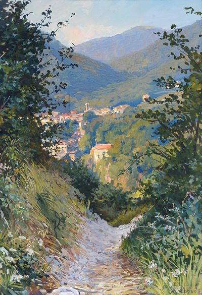 Anonimo, Scorcio di paese, tempera su carta