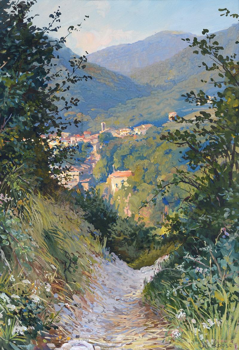 Anonimo, XX Sec. - Anonimo, Scorcio di paese, tempera su carta