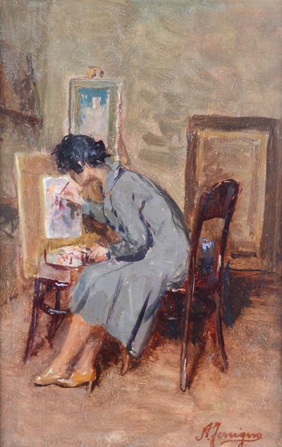 La pittrice - olio su legno