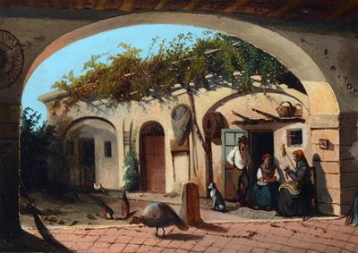 Casa con figure, olio su cartone