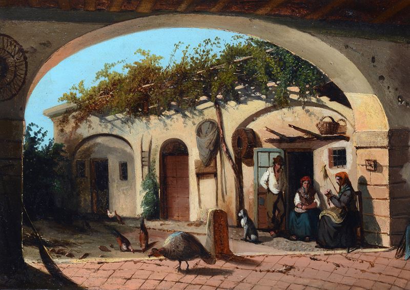 Attr. a Giacinto Gigante - Casa con figure, olio su cartone