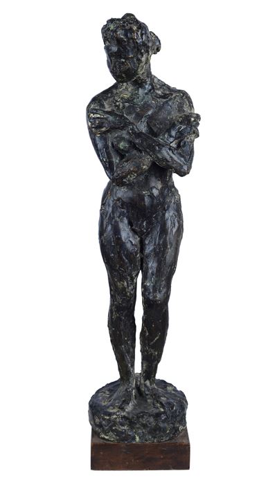 Figura in bronzo su base in legno