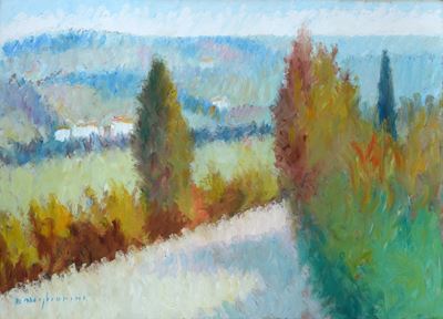 Paesaggio con case, olio su faesite