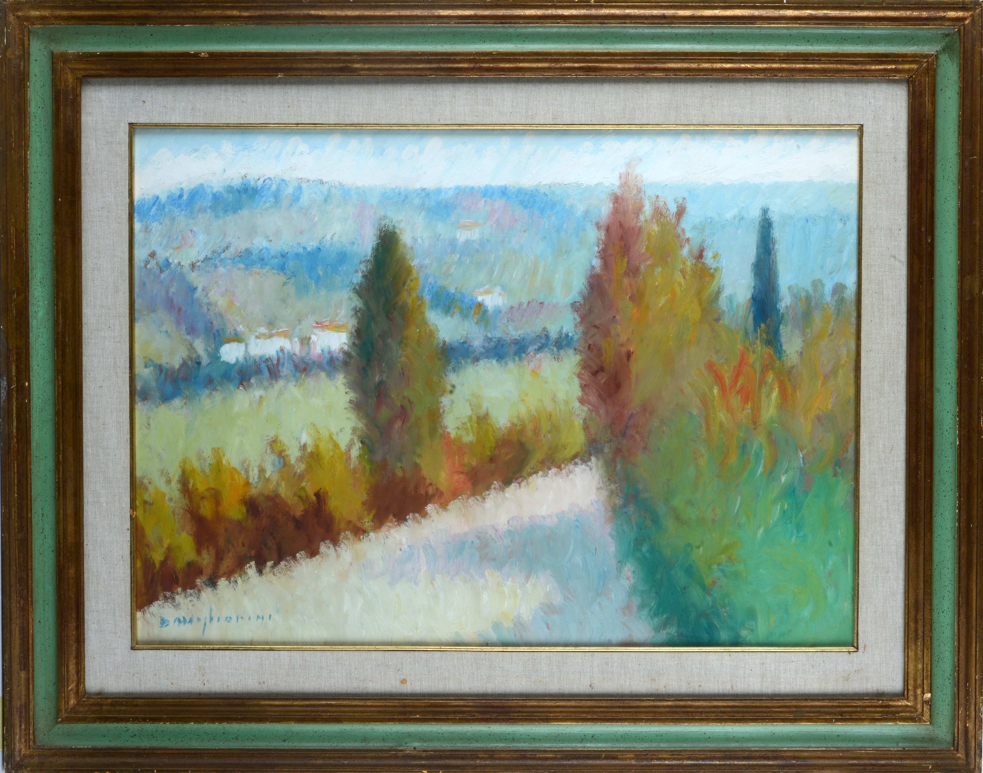 Dino Migliorini - Paesaggio con case, olio su faesite
