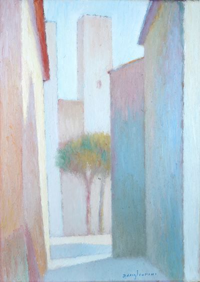 Paese in Toscana, olio su faesite