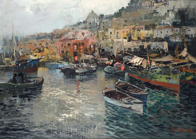 Ezelino Briante - Barche in costiera, olio su tela, cm. 50x70