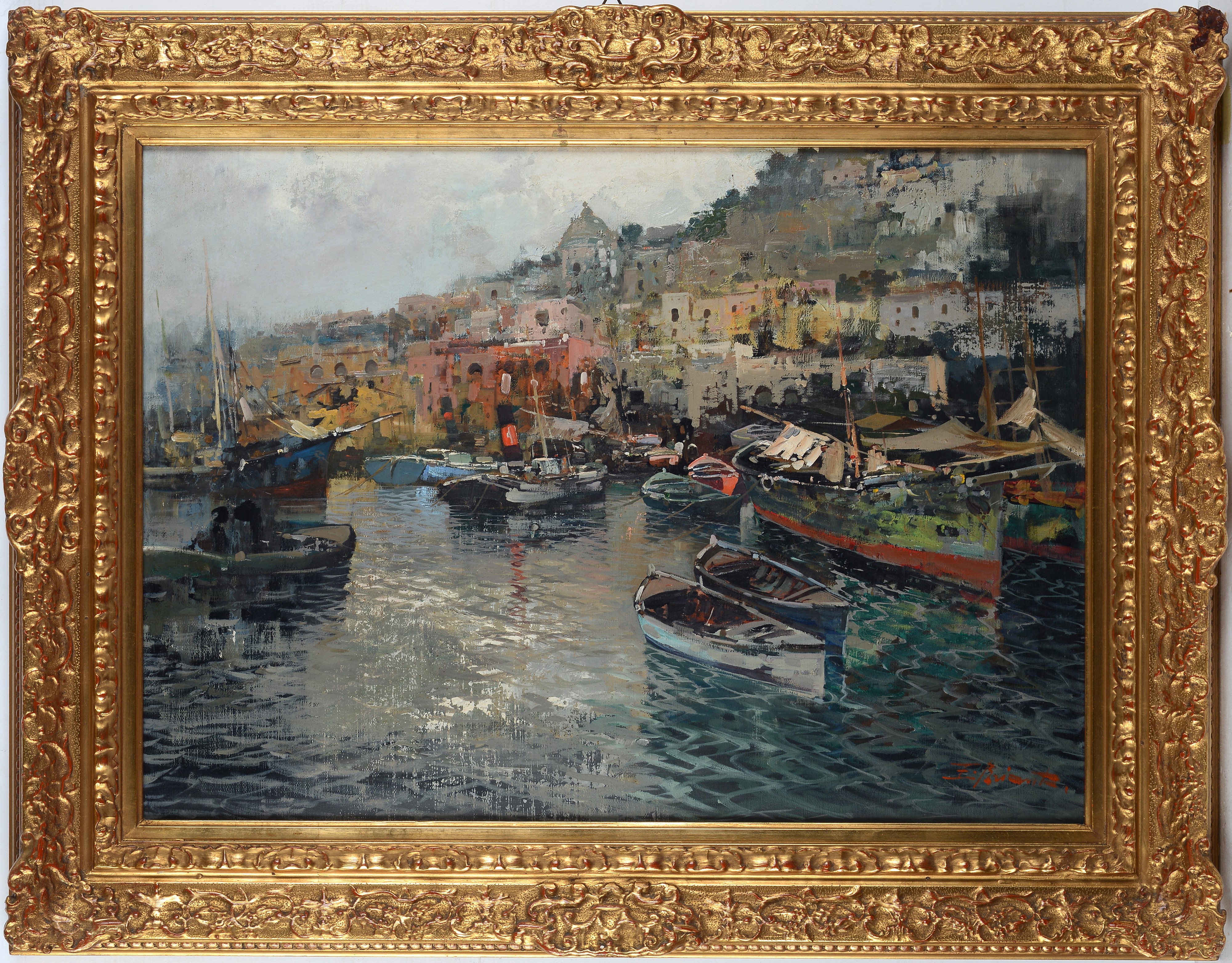 Ezelino Briante - Barche in costiera, olio su tela, cm. 50x70