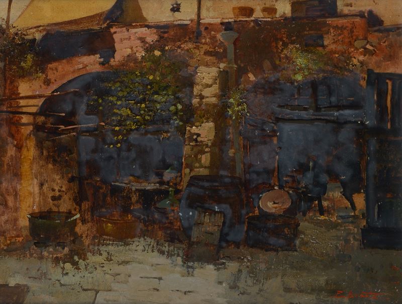 Ezelino Briante - Cortile, olio su cartone