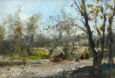 Strada di campagna con figure, olio su cartone